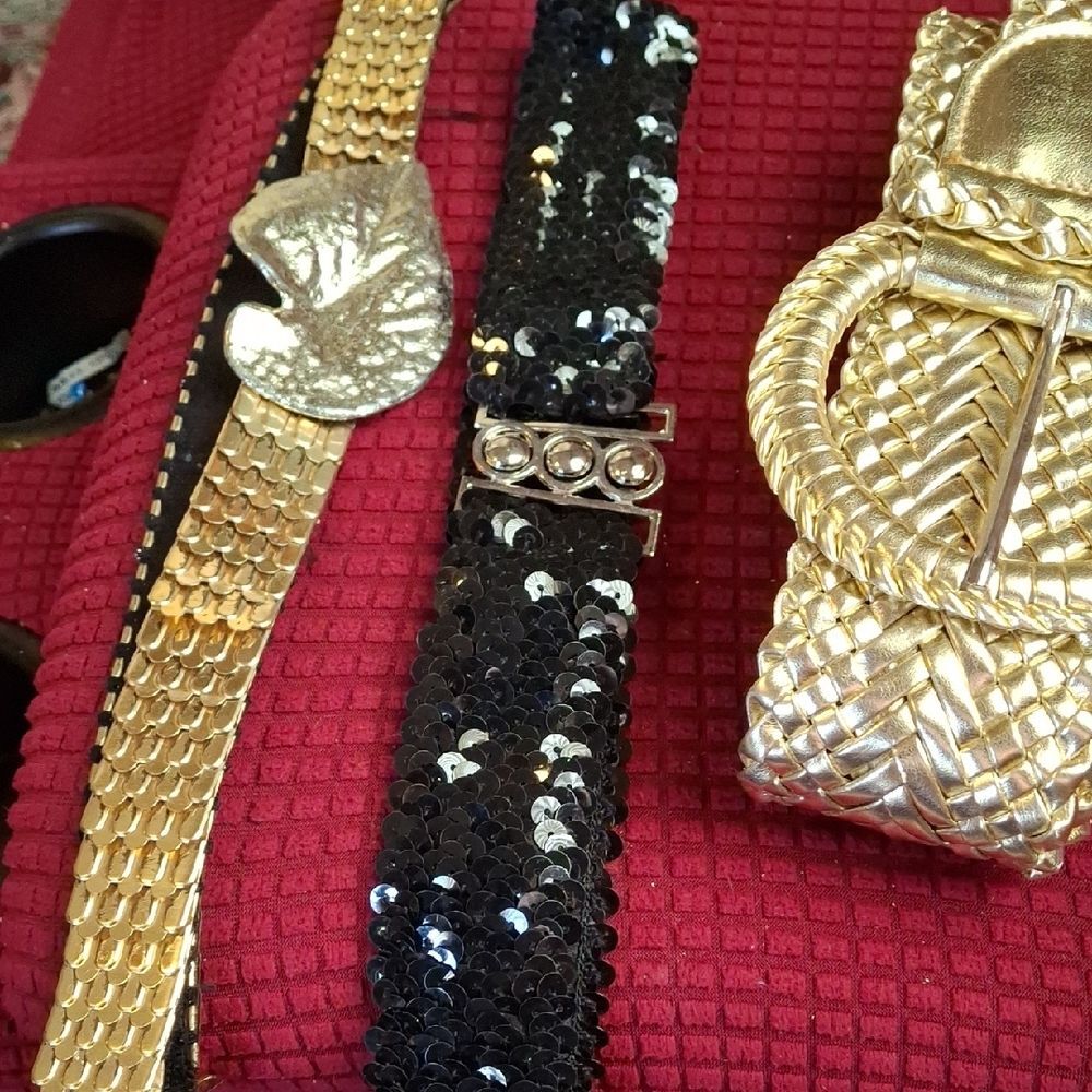 Gold and Black Sequin Womenโs Belt Set - Fashion Accessory, Set of 3 Belts